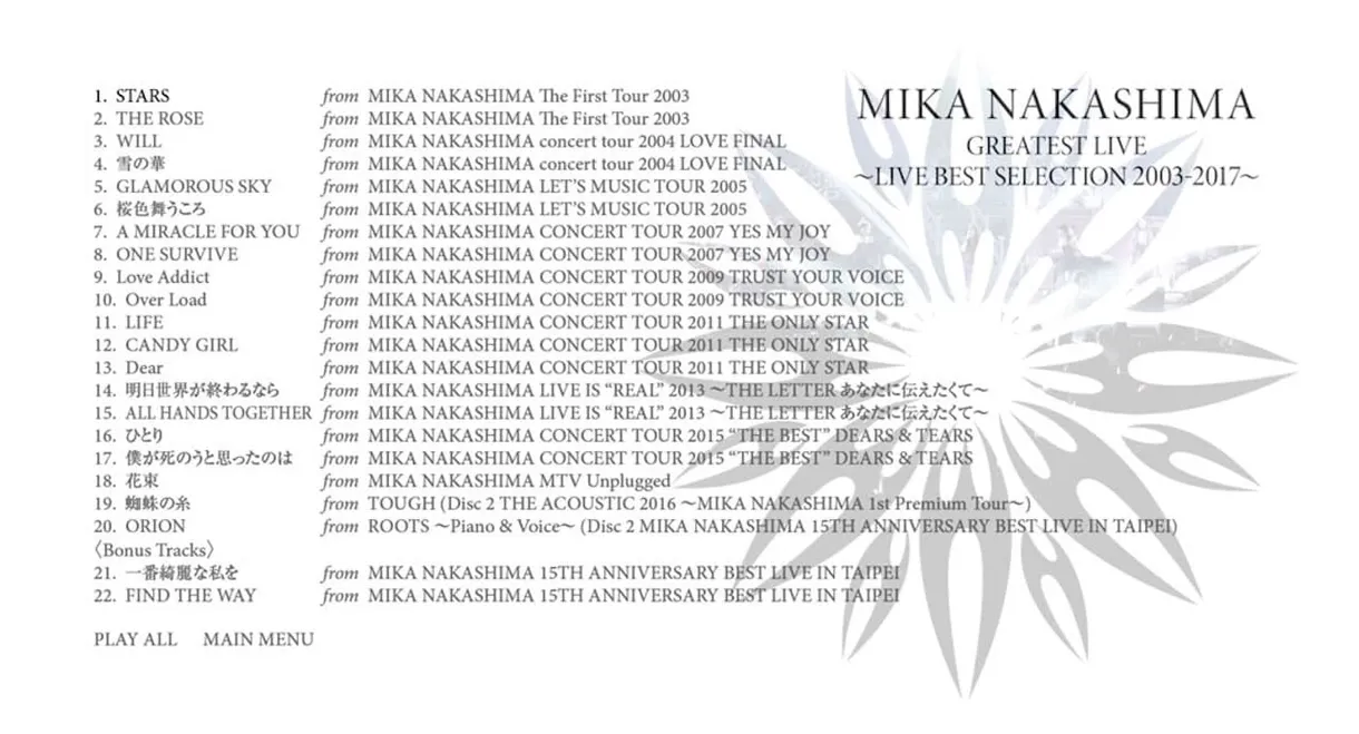 MIKA NAKASHIMA GREATEST LIVE ~LIVE BEST SELECTION 2003~2017